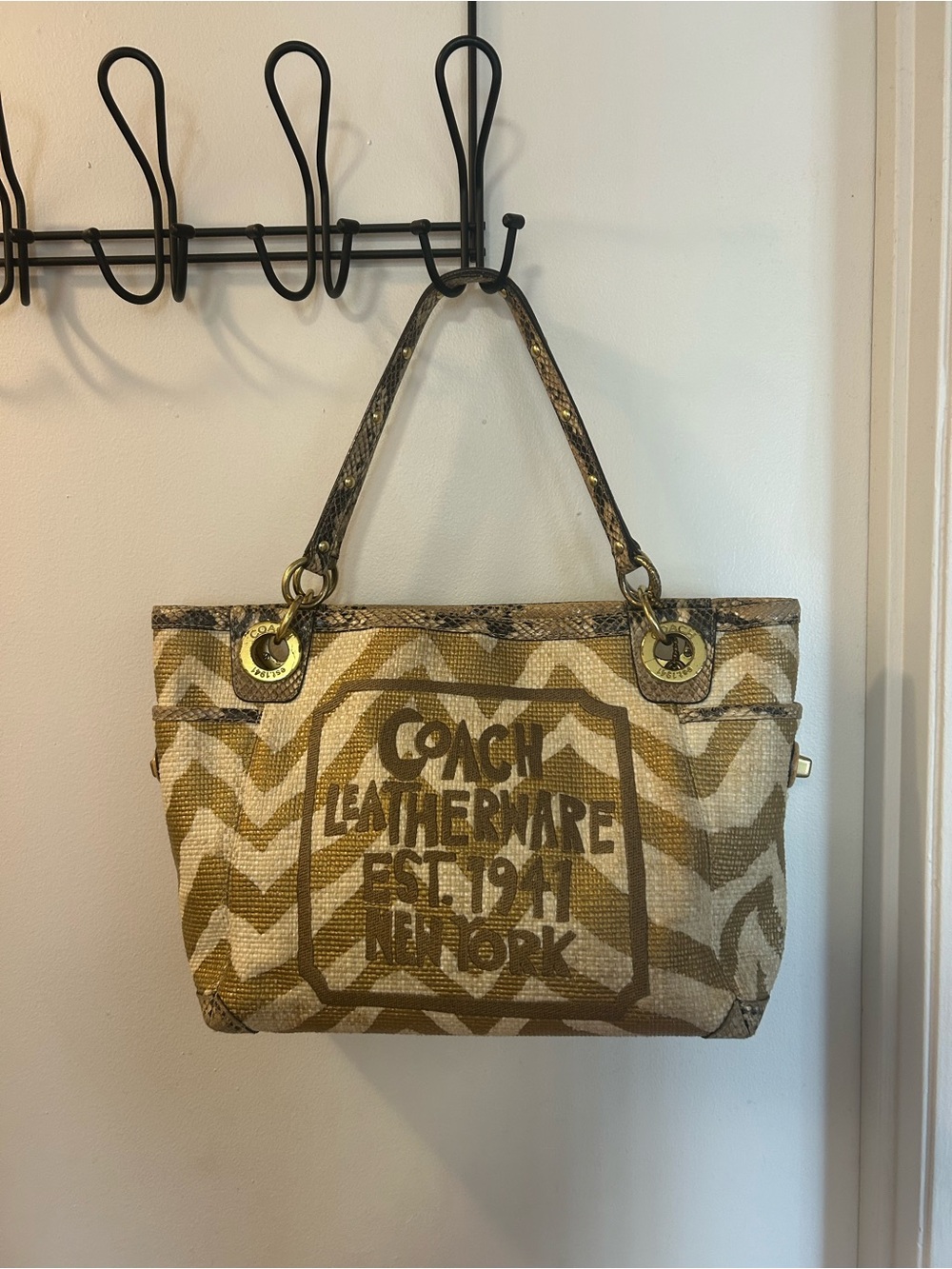 COACH Gold & Tan Logo Chevron Canvas Tote